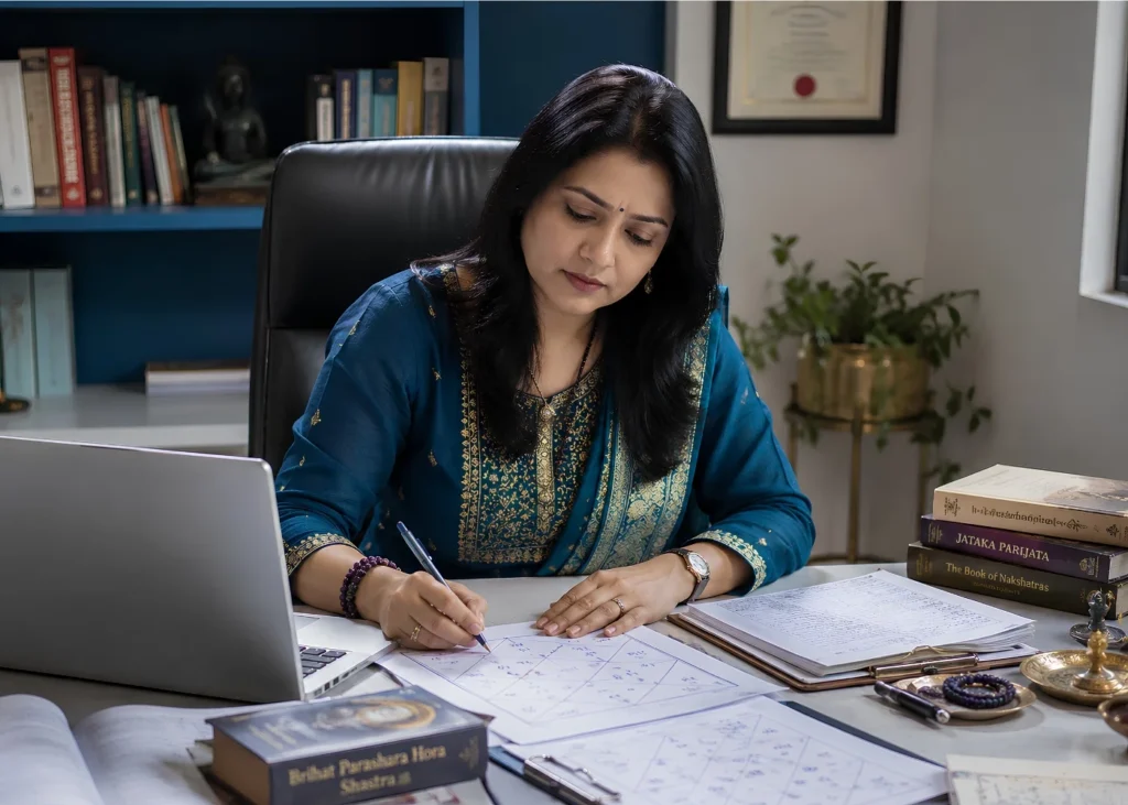 Indian astrologer analyzing a Prashna chart - Shatabhisha Astrology
